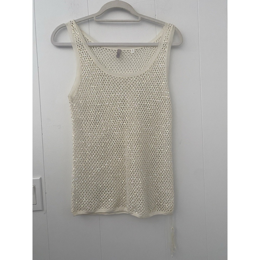 IISLI‎ New York Sequin Crochet Mesh Tank Top Cream White 100% Cotton Size S